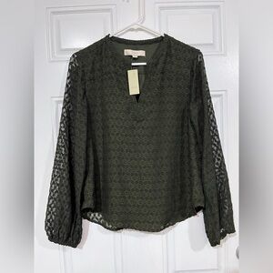 LOFT Dark Green Lace Embroidered Top Petite Small NWT